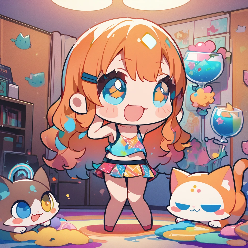 masterpiece、Highest quality、Depth of subject、2D illustration、1 beautiful girl、独奏, (((chibi style)))、((Long, beautiful hair))、Shiny orange hair、cute、Beautifully detailed eyes、((Tank top))、a glass of blue soda, ((colorful))、mini skirt、((happy smile))、((kitten cluster)), ((full body shot))、((in the room))、((There's a lot of pink around))、((vivid color))、sparkle、((Lens flare))、
