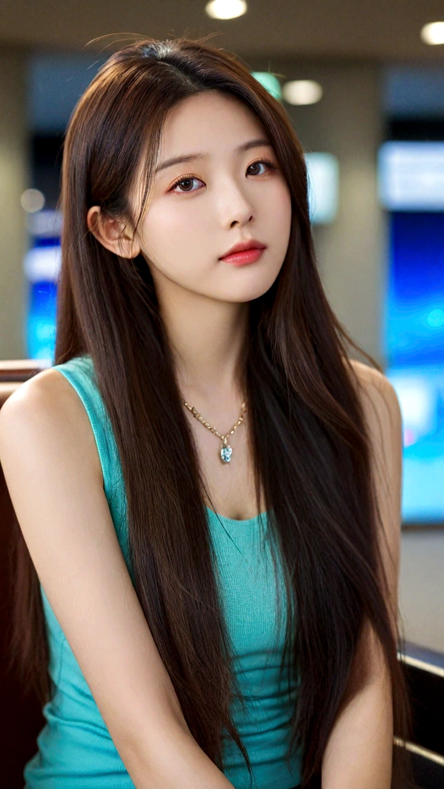 extreme close-up of beautiful Korean female, big nose, straight long hair, 38 inch breasts size, necklace, wearing fitting tank top, sitting in terminal lounge, bokeh background, UHD