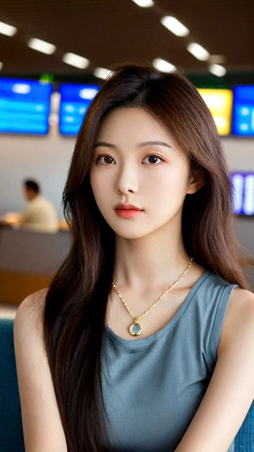 extreme close-up of beautiful Korean female, big nose, straight long hair, 38 inch breasts size, necklace, wearing fitting tank top, sitting in terminal lounge, bokeh background, UHD