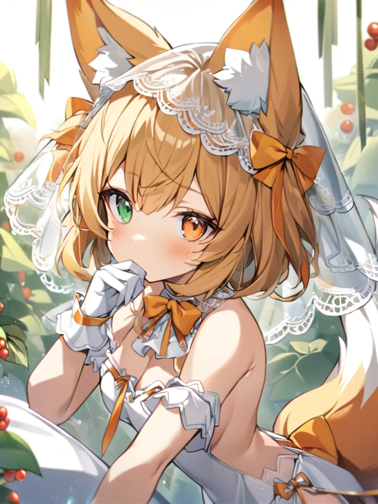 1girl, , The fox girl,bangs, bare shoulders, separate  pelvic curtain,blonde hair, , bow,A white transparent veil covers the mouth,breasts, white cleavage, cropped torso, , green eyes, hair ribbon, heterochromia, , , orange bow, orange eyes, orange ribbon, , a real tail, a fluffy tail, ribbon, 
 , white shoes with lace and white bows, , wrist cuffs, yellow eyes, bloomers, close-up, fair skin frills,The fox girl,adult, slightly short, cute,berries, a delicate white aura.single white glove,  backless outfit with ropes