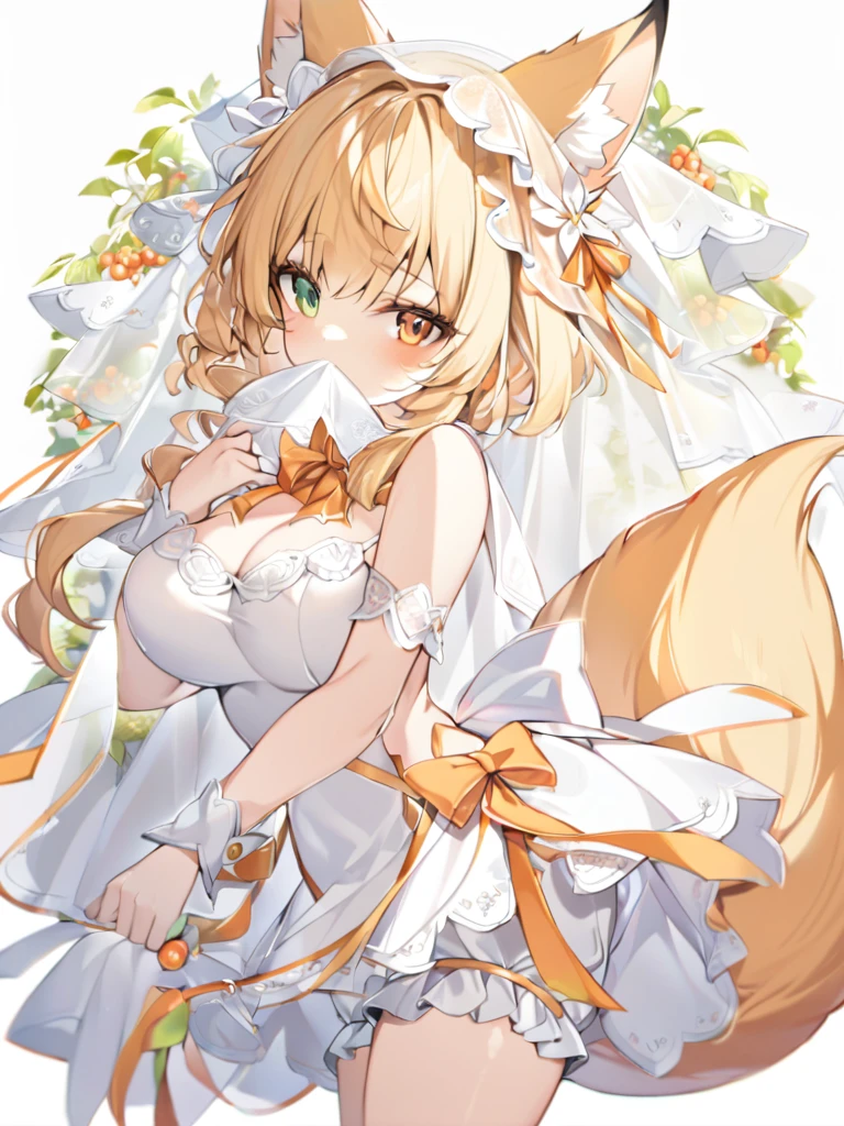 1girl, , The fox girl,bangs, bare shoulders, separate  pelvic curtain,blonde hair, , bow,A white transparent veil covers the mouth,breasts, white cleavage, cropped torso, , green eyes, hair ribbon, heterochromia, , , orange bow, orange eyes, orange ribbon, , a real tail, a fluffy tail, ribbon, 
 , white shoes with lace and white bows, , wrist cuffs, yellow eyes, bloomers, close-up, fair skin frills,The fox girl,adult, slightly short, cute,berries, a delicate white aura.single white glove,  backless outfit with ropes