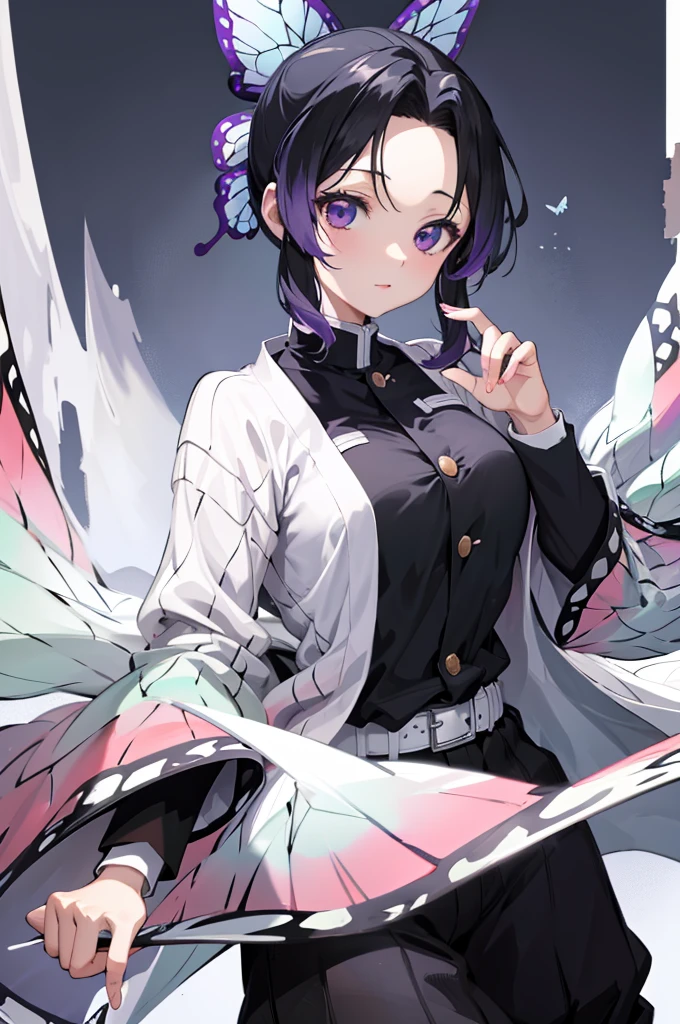 (masterpiece:1.3), (best quality:1.1), (8k, ultra detailed, ultra high res:1.2), ((anime style)), perfect 5 fingers, perfect anatomy,
1girl,
Shinobu Kochou,
BREAK long hair, wavy hair,
black hair, hair intakes, gradient hair,
purple eyes,
bow in hair, butterfly,
large breasts,
BREAK black shirt, black tethered pants, white haori,
looking at viewer,
cowboy shot,
perfect light,