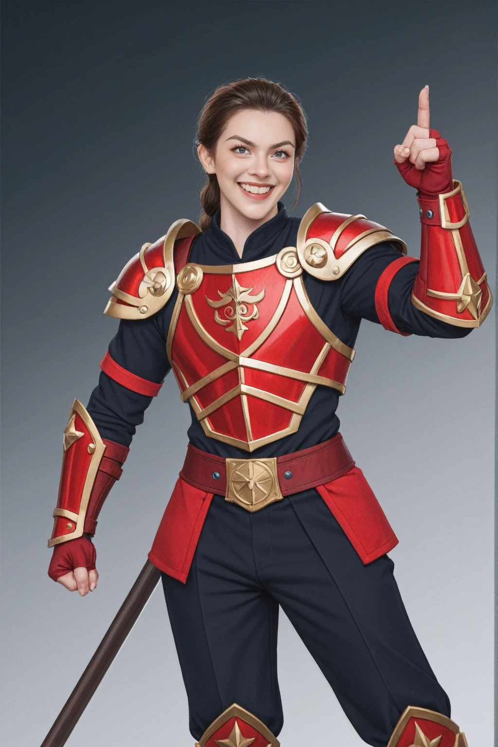score_9, score_8_up, score_7_up, BREAK,
In the style of Harry Clarke, envision a female paladin in a character concept design, depicted from the waist up. She is a ROSE paladin, exuding an angry demeanor with a crazy smile. Her fighting pose is dynamic, with magical effects swirling around her, highlighting her metallic details and red armor.

The background is unknown, adding to the mystery of the scene. Her hands are perfectly sculpted, emphasizing her warrior’s skill. The red armor contrasts with the metallic details, creating a striking visual.

The art is inspired by the technique of spray painting, with a splash art style that gives the image a unique, refined look. The face is completely refined, capturing the paladin’s intense expression and the essence of her character.