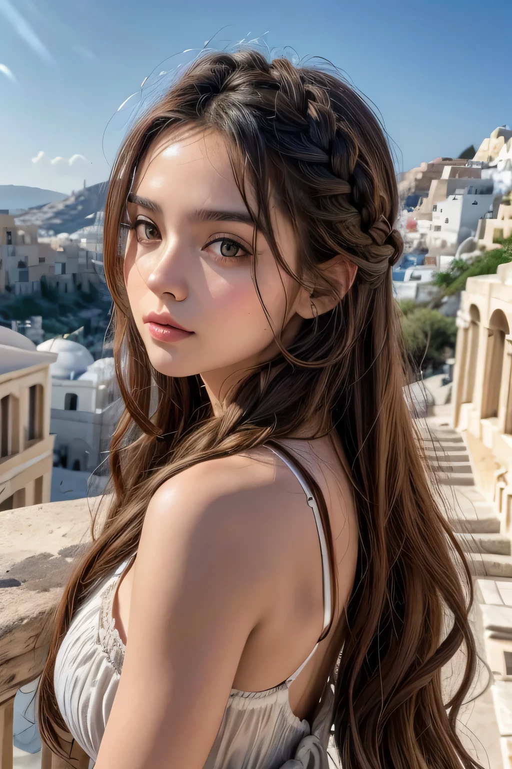 uma mulher Greek mais bonita do mundo, Greek, Greece, braids in huge hair ,long  hair ,in the background landscape of Athens