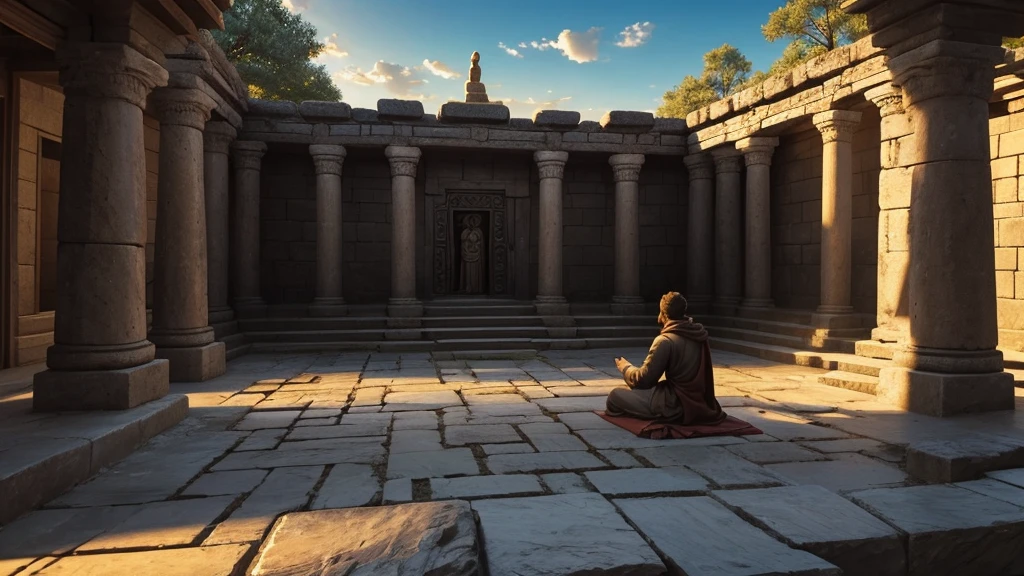 "An ancient temple courtyard illuminated by the setting sun, with stone pillars and intricate carvings depicting scenes of spiritual ascent. In the center, a figure kneels in prayer, their hands raised towards the heavens. Rays of sunlight pierce through the clouds, symbolizing the spirit's journey back to God, as described in Ecclesiastes. The scene conveys a profound sense of divine connection and eternal return."