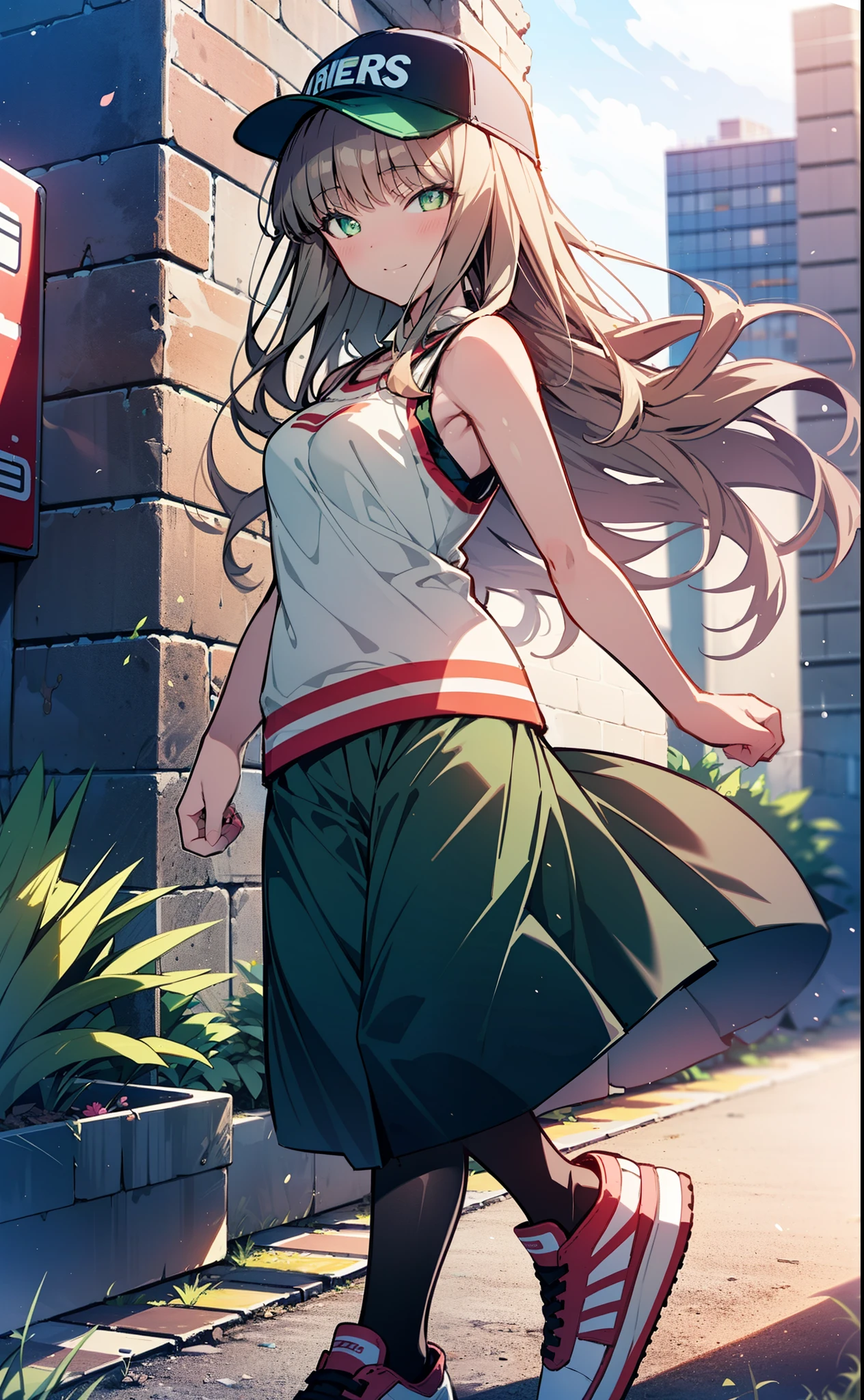 minami yume ,sss Dynazenon ,Long Hair, Brown Hair, (Green Eyes:1.5) ,blush,smile,hair band,Sleeveless shirt,Baseball cap,Long skirt,sneakers,Daytime,Clear skies,Walking,whole bodyがイラストに入るように, break looking at viewer, whole body, break outdoors ,Building district, break (masterpiece:1.2), Highest quality, High resolution, unity 8k wallpaper, (shape:0.8), (Beautiful and beautiful eyes:1.6), Highly detailed face, Perfect lighting, Extremely detailed CG, (Perfect hands, Perfect Anatomy),