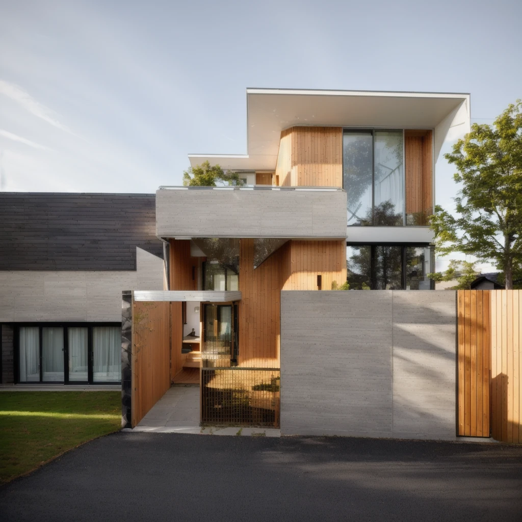 Maison moderne avec un style minimaliste, des matériaux exquis et simples, un soleil éclatant, un beau jardin arboré, une route asphaltée devant la maison, une clôture en pierre naturelle dans la maison avec voiture