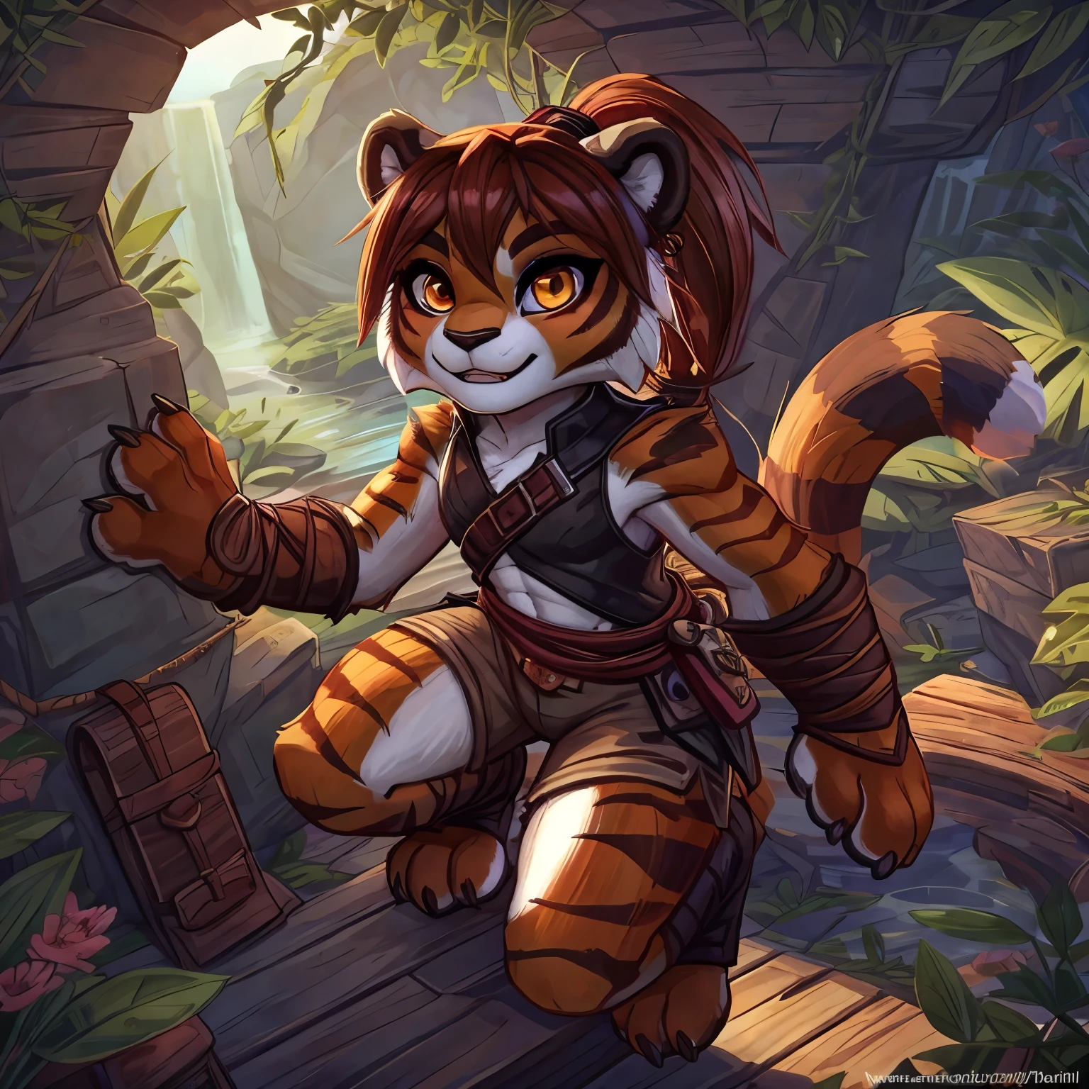 (4fingers), small_round_ears, small_panda_ears, pandaren, world_of_warcraft, furry, anthropomorphic, fluffy_tail, foxtail, cfemale, claws, red_panda, tiger_stripes, tiger_face, flat_chested, teen, teenager, amber_eyes, (pupils), (tiger_legs), black_left_foot, white_right_foot, (four_fingers), waist_long_ponytail, brown_hair, ((three_toes)), ((3toes)), ((detailed_eyes)), ((detailed_face)), detailed_hands, simple clothing, white shirt, brown pants, one tail, solo character, adventure, adventurer,