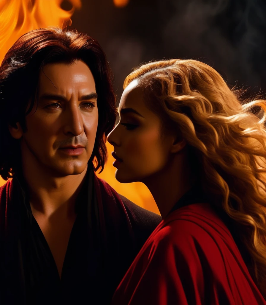 
- Scene: Create an image of two people in love in a setting of mystery and passion.
  
- Woman's Appearance:
  - Resembles Beyoncé
  - Brown skin
  - Long, golden blonde curly hair
  - Confident and seductive expression
  - Wearing a red dress, elegant and form-fitting
  - Lips painted a deep, intense red

- Man's Appearance:
  - Resembles Severus Snape (Alan Rickman)
  - Pale skin
  - Large nose
  - Black, straight hair falling around his face in a somber manner
  - Serious and intense expression
  - Wearing a black cloak, contrasting with the flames around them

- Atmosphere:
  - Surrounded by flames, creating a mystical and fiery ambiance
  - Soft lighting highlighting their faces, enhancing the sparkle in their eyes
  - Flames adding an element of intensity and mystery to the scene
  - They are close to each other, gazing intensely into each other's eyes, exuding a strong emotional connection