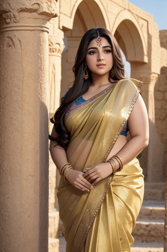 1 Heavenly beautiful and goddess beauty cute and sweet looking face Arabian woman in Archaeological Site of Nea Paphos, Cyprus, Heavenly beautiful Overweight, Heavenly beautiful Extremely fat, Heavenly beautiful and attractive Chubby figure , Heavenly beautiful looking and eye catching luxury style traditional Indian saree , reaching out, Heavenly beautiful Arabian woman, 16k, High resolution, masterpiece, highest quality, fine skin, outside view, Realistic Photograph, close up figure view