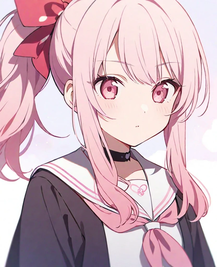 One girl,alone,Mizuki Akiyama,Pink Hair,,Red Bow,Pink Eyes,Black Sailor Suit,White sailor collar,Pink purple neckerchief,Project Sekai,Long ponytail,cute,cute,Upper Body,