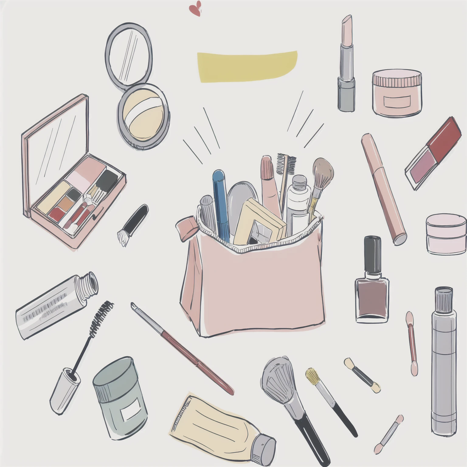 a close up of a bag with compensate and other items, lots of compensate, compensate, cosmetics, putting compensate on, compensate, compensate, compensate, figure!, 🎨🖌️, flat, Digital coloring, stock, packshot, clear compensate, popular south korean compensate, Beauty Campaign, flat color, シャッターstock, An illustration