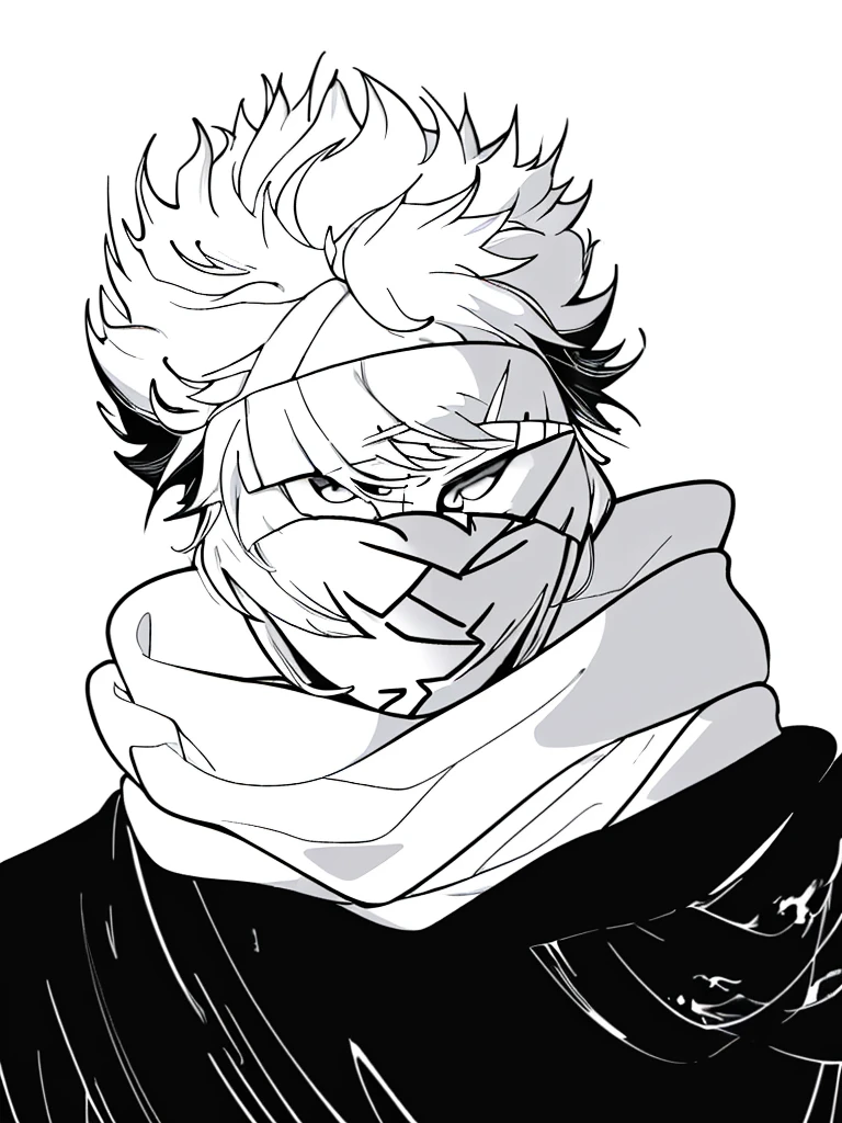 white fluffy messy hair, boy, black and white, staring at viewer, messy clothing, male, scarf over mouth