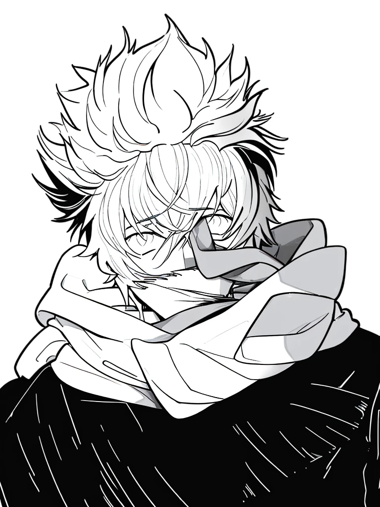 white fluffy messy hair, boy, black and white, staring at viewer, messy clothing, male, scarf over mouth