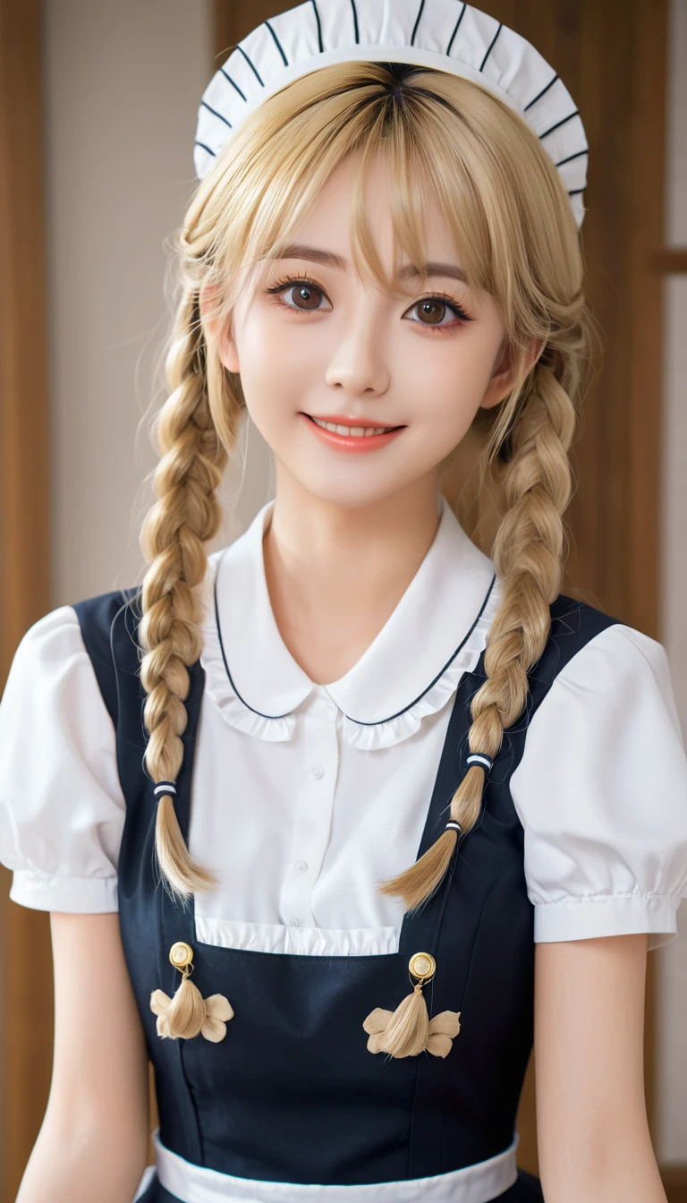18 years old beautiful girl, big eyes, Large Breasts, tiny and cute, 8K, Top quality, (Very detailed head: 1.0), (Very detailed face: 1.0), (Very detailed head发: 1.0), Maid uniform, Highly detailed official artwork, Anime cute art style, Clean and detailed anime art, Smile, blond, Long smooth hair