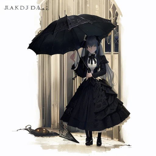 there is a woman in a black dress holding an umbrella, umbrella, black umbrella, umbrellas, umbra, an umbrella top, victorian gothic lolita fashion, holding a umbrella, parasol, holding umbrella, holding an umbrella, mushroom umbrella, creepy!!, inspired by J. J. Grandville, standing with a parasol, ( ( misa amane # ) )