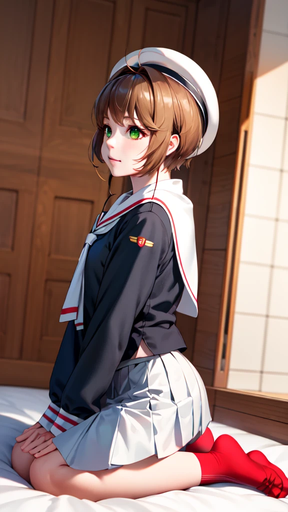 (masterpiece, best quality: 1.2),(very detailed face, real image, realistic skin, realistic body, intricate details),1 woman, Kinomoto Sakura, brown hair, alone, skirt, green eyes, Short hair, have, white skirt, white hat, Magic Girl, Antenna hair, laugh, serafuku, pleated skirt, dehisce, looking at viewer, cowboy shot, long sleeves, star (symbol), muffler, kneel on the bed, View diagonal profile, stretch both arms above the head and place them behind the pillow, anime girl lying down, expose plump breasts, whole body, plump thighs, Natural Pose, beautifully, cute, Fix errors without any awkwardness, tall, I have long legs, Wearing (tomoeda_초등school_school_Uniform),black top, tennis mini skirt,a woman in a sailor outfit sucking a black cock, small curvy , detailed: cornea, brown sauce, short shaved hair, to, tiny ships docking, tile, hr, low ceiling, full of greenish liquid, finely detailed facial features, riding, covered in, daughter, white-space-surrounding, stuffed