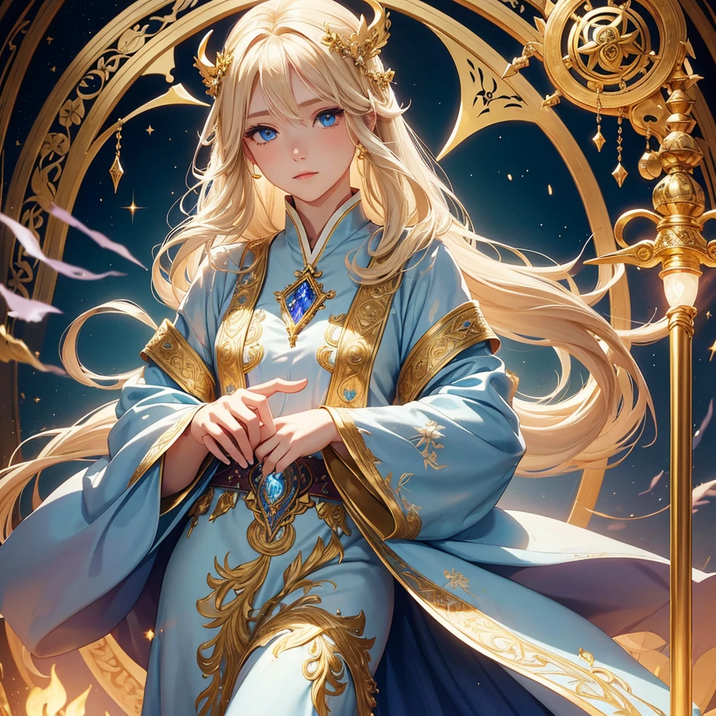 Hair: Elowen has long, flowing blonde hair that shimmers with a faint golden hue, often adorned with delicate floral accents that enhance her ethereal beauty.Eyes: Her eyes are a deep, calming blue, filled with compassion and wisdom that reflect her centuries of experience and understanding.Attire: Elowen is typically seen wearing elegant, flowing robes of white and gold, embroidered with sacred symbols and runes. Her attire is both practical and symbolic, representing her high status as an Arch Priestess. She carries a staff topped with a crystal that glows with holy light, and a small, intricately designed book of prayers and spells hangs at her side.