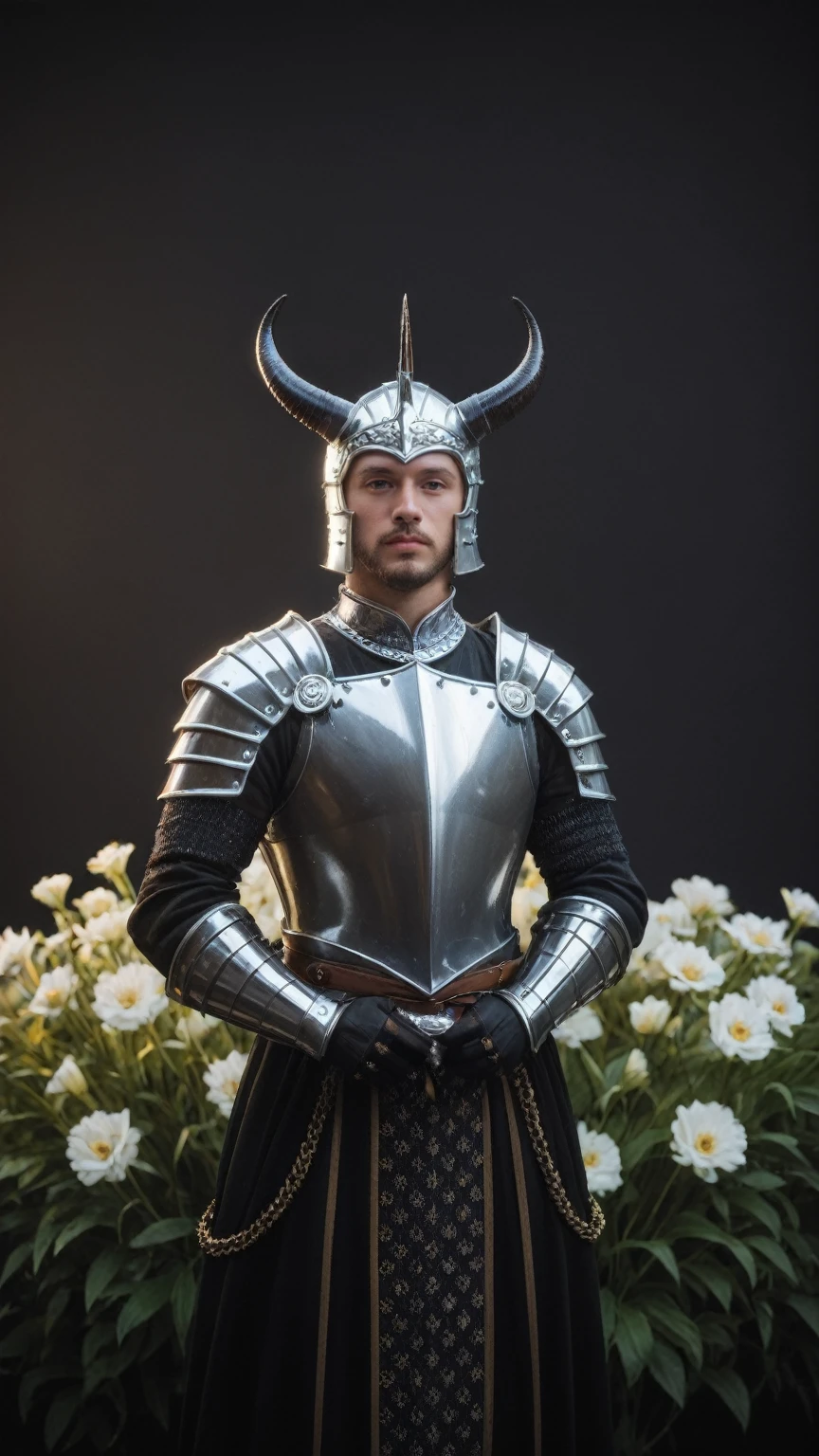 score_9, score_8_up, score_7_up, BREAK,
In the style of John Bauer and Liu Ye, imagine a male knight in black armor, set against a romantic backdrop of flowers. His fantasy-style armor is detailed with sienna and light blue, and he wears a sleek, ornate horned helmet and special shoulder armor with claws. His spiked dragon armor adds to his formidable appearance.

The knight’s pose is dynamic, with insanely detailed and intricate design elements, embodying a hypermaximalist, elegant, and hyper-realistic style. The scene is dark, with bold lines and detailed shadows, creating a utopian and fantasy atmosphere with lowkey lighting.