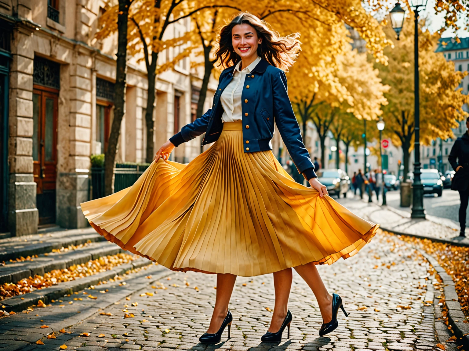 A smiling, authentic, (shy:1,3), kind, beautiful woman, is passionately in love with her skirt, wind wildly lifts her skirt, wearing uniform jacket and very, very detailed (long (fully pleated) full circle skirt) and (low heeled court shoes), very, very intricate hyper-detailed symmetric (attractive graceful young feminine face) with (sad, tired eyes and a loving smile), very voluptuous breasts, full of empathy and compassion and love, (pronounced (feminine) features), (highly detailed ultra accurate realistic) hands and fingers, (windy), epic composition, highly detailed attributes, (35mm f1.4 Kodak portra 400 photograph), extremely high quality RAW photograph, highly detailed atmosphere, sci-fi, cinematic shot, dynamic lighting, 75mm, Technicolor, Panavision, cinemascope, sharp focus, fine details, 8k, HDR, realism, realistic, key visual, film still, superb cinematic color grading, depth of field