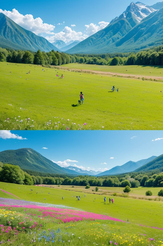 Create a serene scene of vibrant countryside where the clear blue sky meets the mountains in the background. Add a variety of colorful flowers scattered across the field. Insert people happily interacting, like a family having a picnic or friends playing frisbee. Also include some animals, like birds flying, butterflies hovering over flowers, and mayb