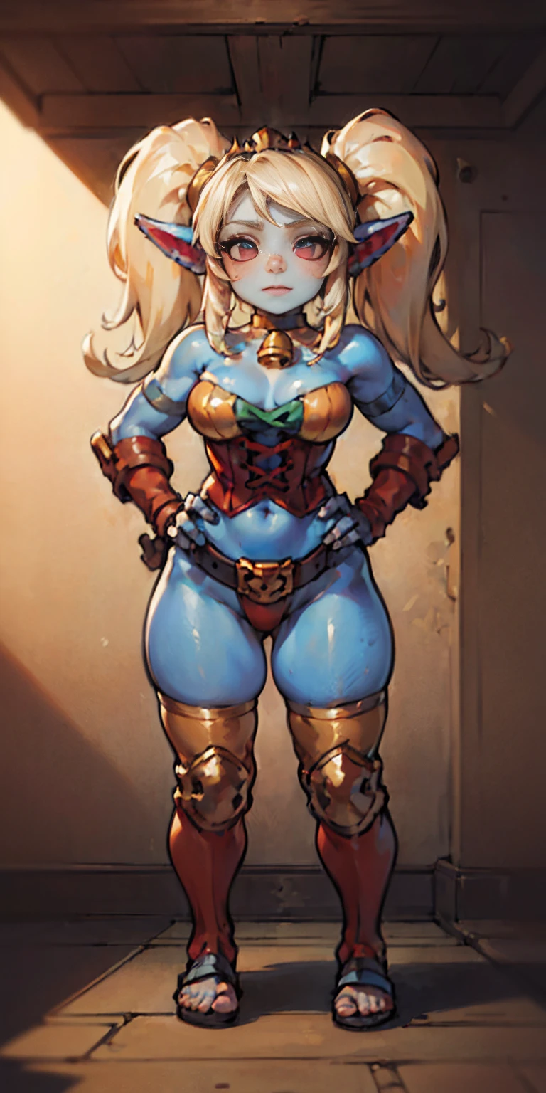 Poppy the keeper blue pale skin full body whole body 1sologirl loincloth standing warrior proud expression, hands on hips, loincloth standing, hands on hips, metal sandals, leather choker with golden bell bellybutton navel, leather corset, big belt, view from below, feet together, bracers, tiara
