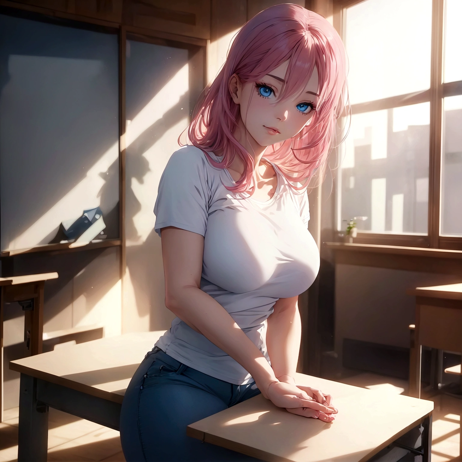 a beautiful woman with pink hair, blue eyes, wearing a white t-shirt and jeans, sitting in a classroom, (best quality,4k,8k,highres,masterpiece:1.2),ultra-detailed,(realistic,photorealistic,photo-realistic:1.37),intricate details,highly detailed face,detailed eyes,detailed lips,beautiful detailed eyes,beautiful detailed lips,exquisite facial features,elegant pose,natural lighting,warm colors,soft focus,academic setting