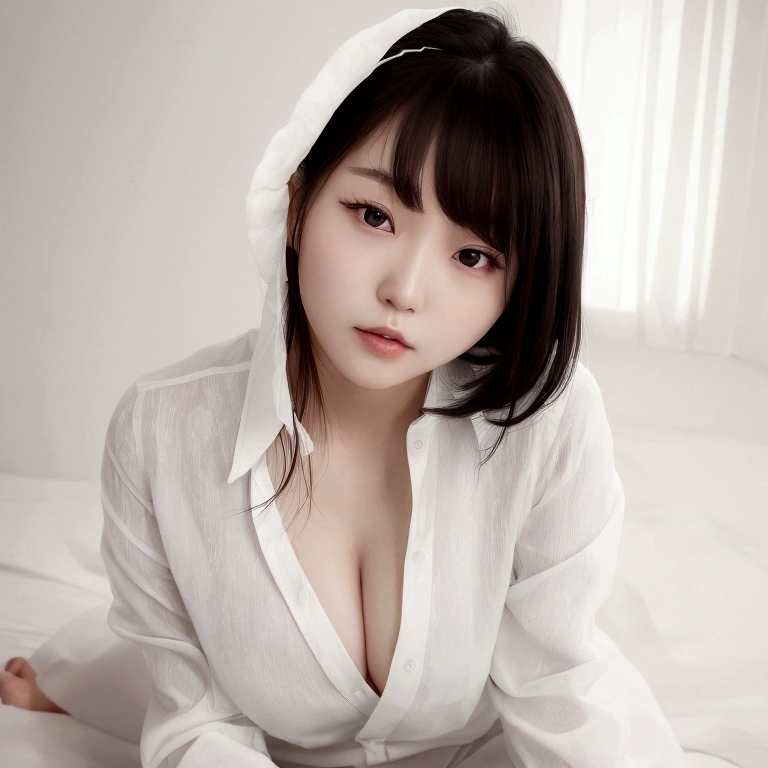 there is a woman sitting on a bed with a white shirt, gorgeous young korean woman, beautiful south korean woman, beautiful young korean woman, clothed in white shirt, korean girl, beautiful asian girl, elegant japanese woman, korean woman, beautiful asian woman, japanese goddess, japanese model, realistic young gravure idol, beautiful japanese girls face, wearing white shirt