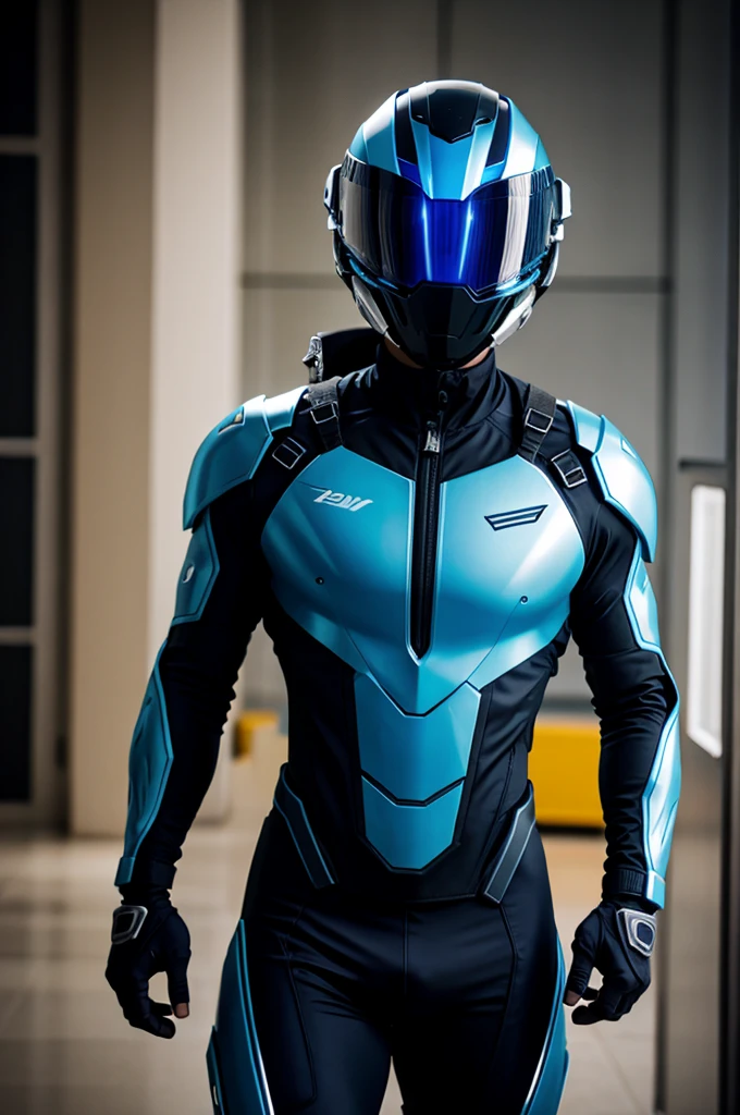 *Appearance:* TechNova wears a futuristic suit that is a combination of metallic and synthetic materials, with glowing blue circuits and wires visible underneath. The suit has a sleek, aerodynamic design and is equipped with various tools and gadgets. The hero's face is obscured by a helmet with a tinted visor.