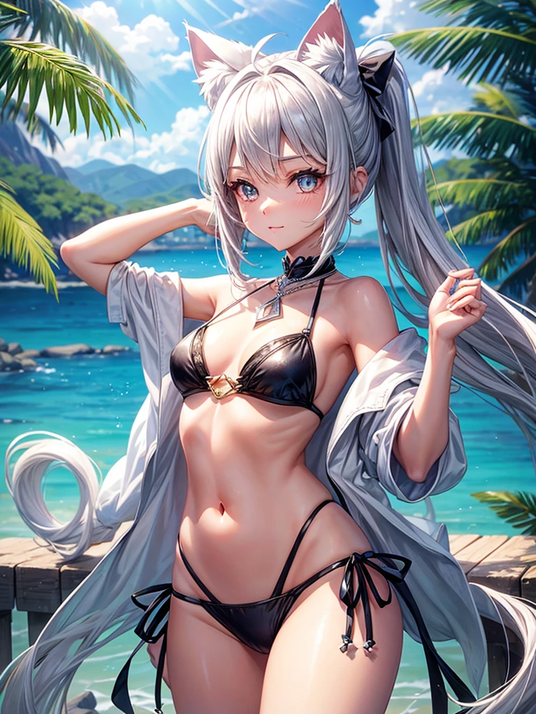2 Diamond long pony tail girl diamon eyes diamond cat ears 2 diamond cat tails wearding diamond bikini