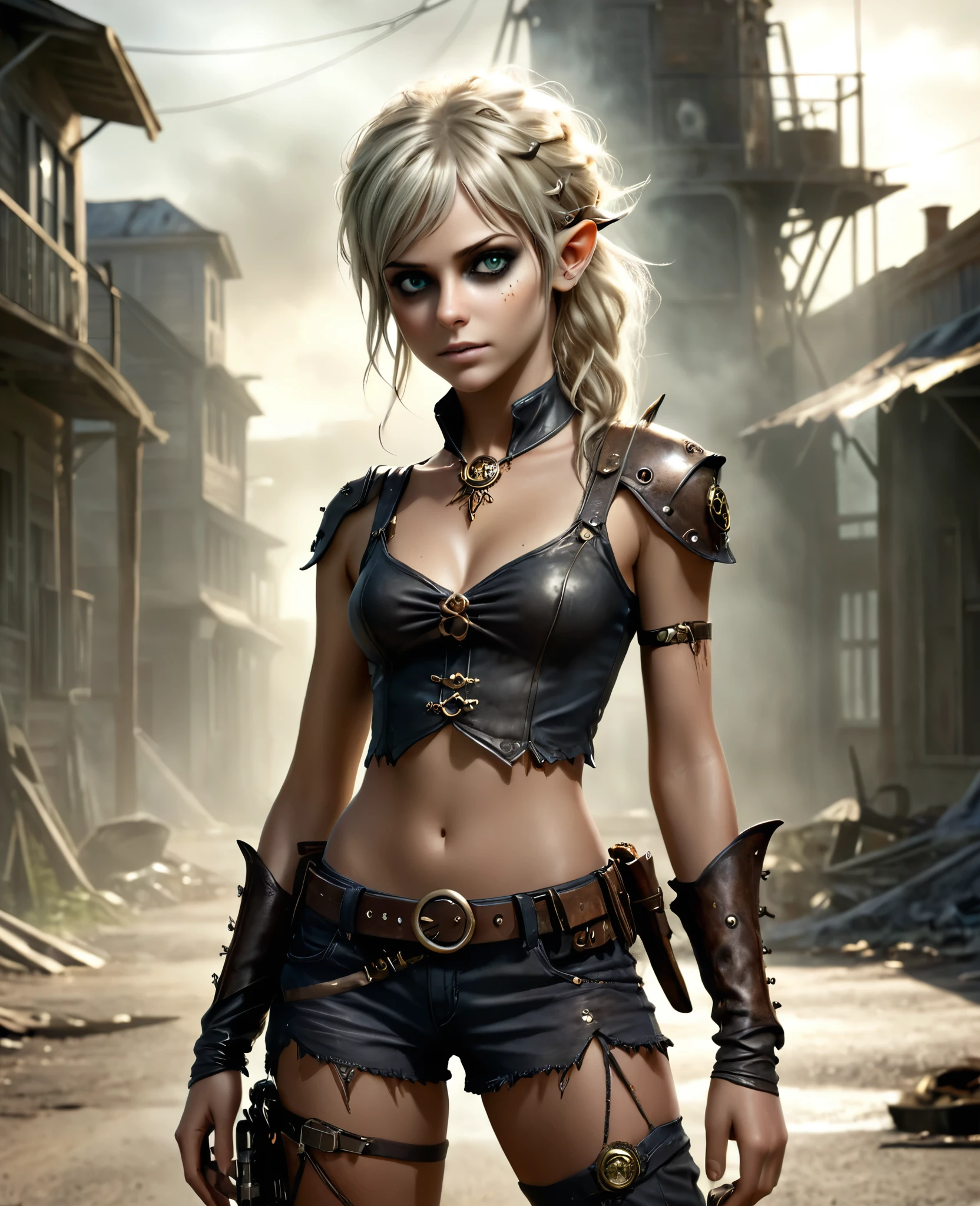 cute elf, (teenage elf  with extremely cute eyes)), (((elf))), ((((high resolution))), (((extremely detailed))), ((masterpiece)), dramatic shadows, depth of field, analog photo style, (world in which are collide steampunk and postapocalyptic vibes), postapocalyptic cute female in steampunk aesthetic, torn dirty clothes, depth of field, full body shot, unzoomed, (perfect body: 1.4), (sidecut short hairstyle), (stalking is quite common, although not the best way to make a living), stylized atmosphere of unreality, dark atmosphere, dynamic pose, in motion, Armageddon, increase cinematic lighting, highly lifelike skin texture, parted lips, weary eyes, fine eyes, whitened skin, random hair colour, doomsday aura, (Mad Max world), (The Walking Dead world)