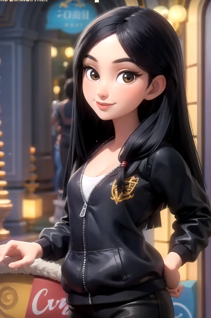 portrait, looking at viewer, smiling, teeth,
1girl, solo, blunt ends, brown eyes, long hair, black alan walker hoodie with white alan walker logo design of a letter "A" and "W" combined letters, black leggings , cleavage,
outdoors, Chinese courtyard, china, summer
volumetric lighting, masterpiece, best quality