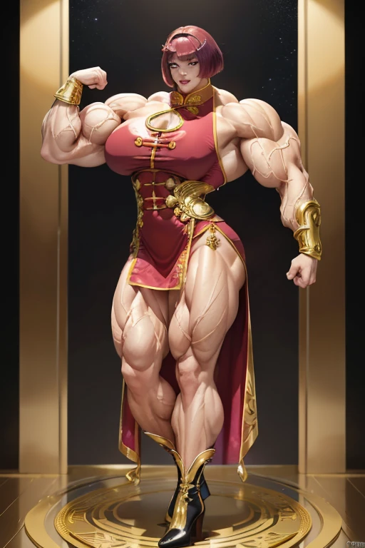 ((Massive, beautiful, buff, light brown skinned, muscular woman with shocking pink hair, black lipstick, ginormous bulky muscles and wearing an all gold beautiful long cheongsam dress)), ((close view)), massive muscles, massive biceps, hyper muscle triceps, (angled bob cut), red eyes, (gold gauntlets), ((beautiful long gold cheongsam dress)), thigh high socks, high heels boots, (in a golden palace), surrounded by gold, night, closed smile, hyper muscles arms, hyper muscle legs, massive arms,