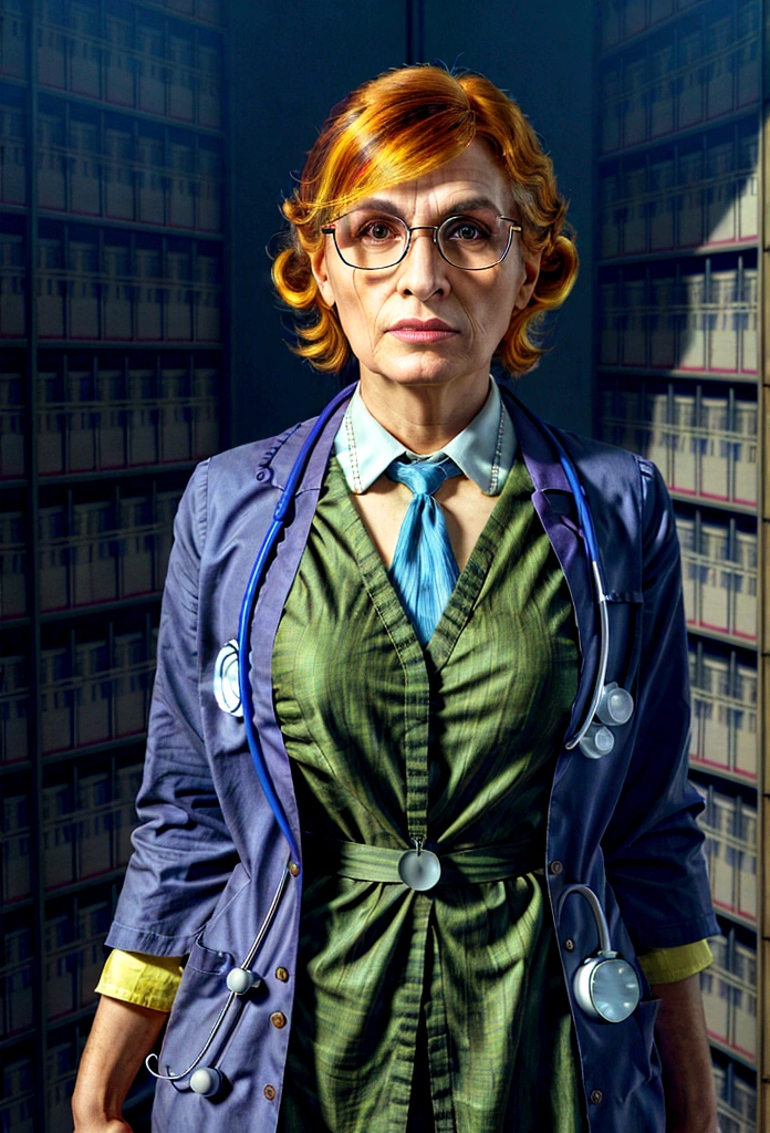 Photograph of a well dressed female aroused hyperrealist by David Hockney and Alphonse Mucha, photorealistic, dynamic lighting, art station, poster, volumetric lighting, highly detailed face, 4k, award-winning, 1woman, darkness, deep shadows, low key, portrait, (Doctor: 1.4), bob hair, yellow and Purple mixed hair, glasses, Big breasts, looking straight at the viewer,
