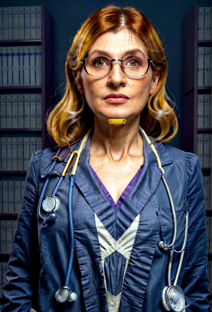 Photograph of a well dressed female aroused hyperrealist by David Hockney and Alphonse Mucha, photorealistic, dynamic lighting, art station, poster, volumetric lighting, highly detailed face, 4k, award-winning, 1woman, darkness, deep shadows, low key, portrait, (Doctor: 1.4), bob hair, yellow and Purple mixed hair, glasses, Big breasts, looking straight at the viewer,