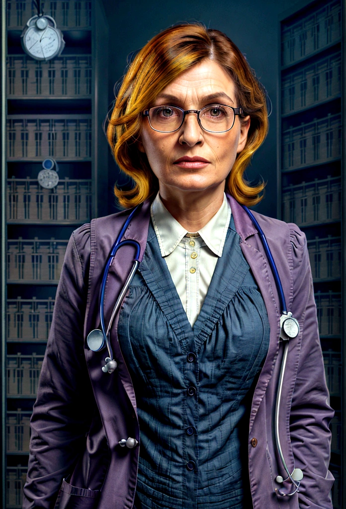 Photograph of a well dressed female aroused hyperrealist by David Hockney and Alphonse Mucha, photorealistic, dynamic lighting, art station, poster, volumetric lighting, highly detailed face, 4k, award-winning, 1woman, darkness, deep shadows, low key, portrait, (Doctor: 1.4), bob hair, yellow and Purple mixed hair, glasses, Big breasts, looking straight at the viewer,