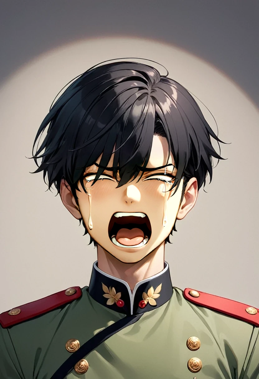 One cool guy、Mouth open、Frustrated expression、Green military uniform、Black Hair、Dark Eyes