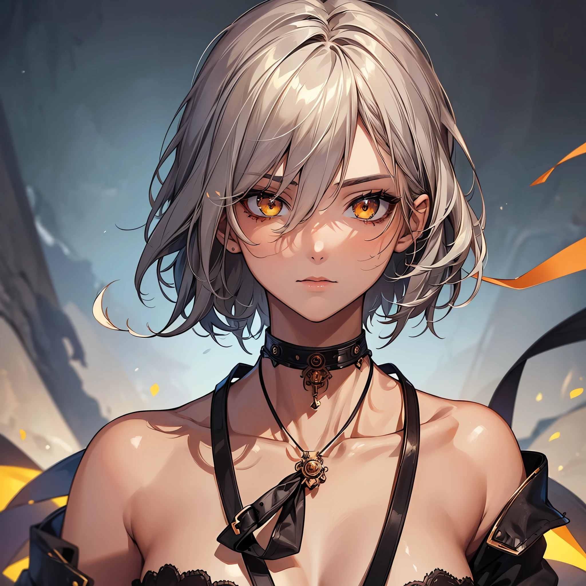 masterpiece, Highest quality, Perfect Face, Highest Resolution, Highest quality,Detailed depiction of the eyes, 1 girl, young, slender body, Short, deep tan skin, slate gray hair, short hair, upturned eyes, Yellow Orange eyes, Perfect Anatomy, steampunk, ribbon choker, Talk, night,
