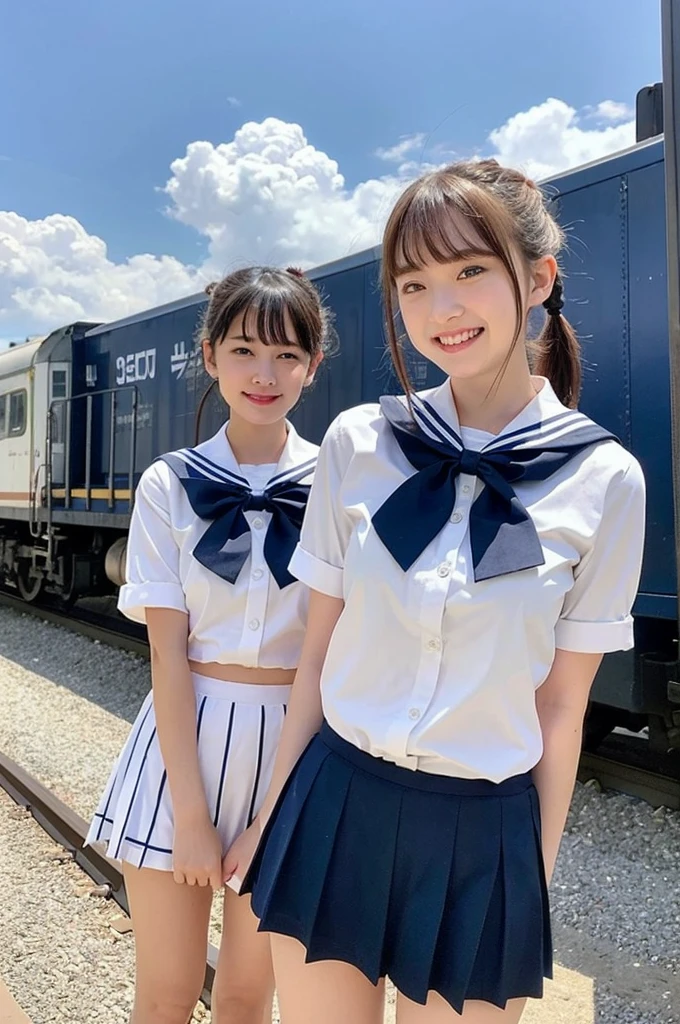 2 girls standing in Japanese railway station,short-sleeved white sailor leotard with navy blue skirt frills,red bow tie,school bags,18-year-old,bangs,a little smile,large bare thighs,knees,legs apart,short hair with low pigtails,from before,front light