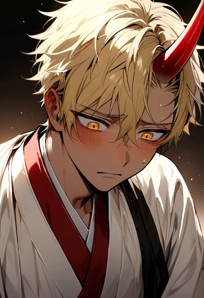 Beautiful young man with blond hair and dark skin, 17 years old, Yellow Eyes, A single red horn grows from the right side of its head., Dressed in traditional Korean costumes, Looking desperate and sad.