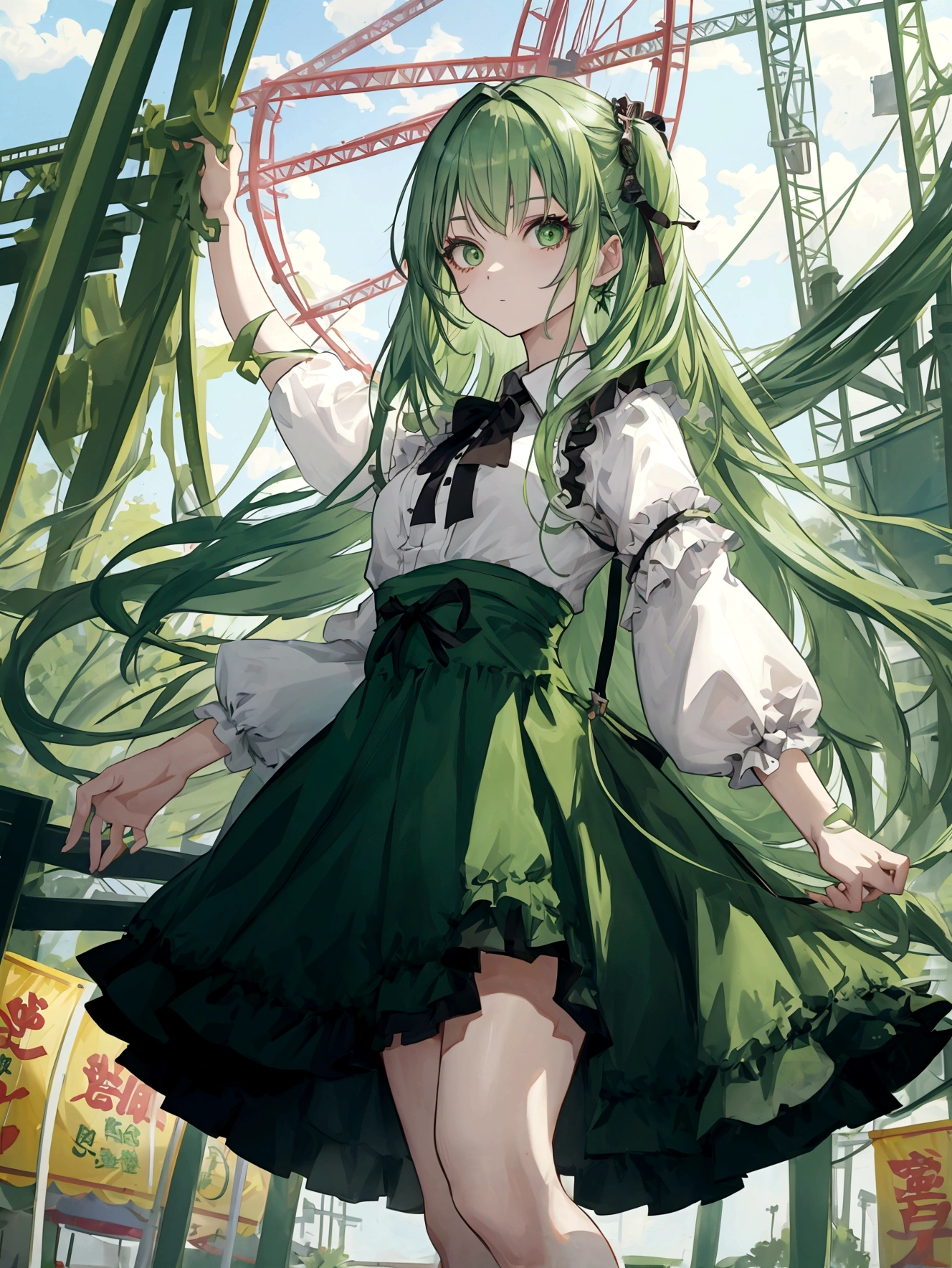 Dull green hair、Long hair with habits、Green Eyes、Introvert、Image of an amusement park、Show Cast
