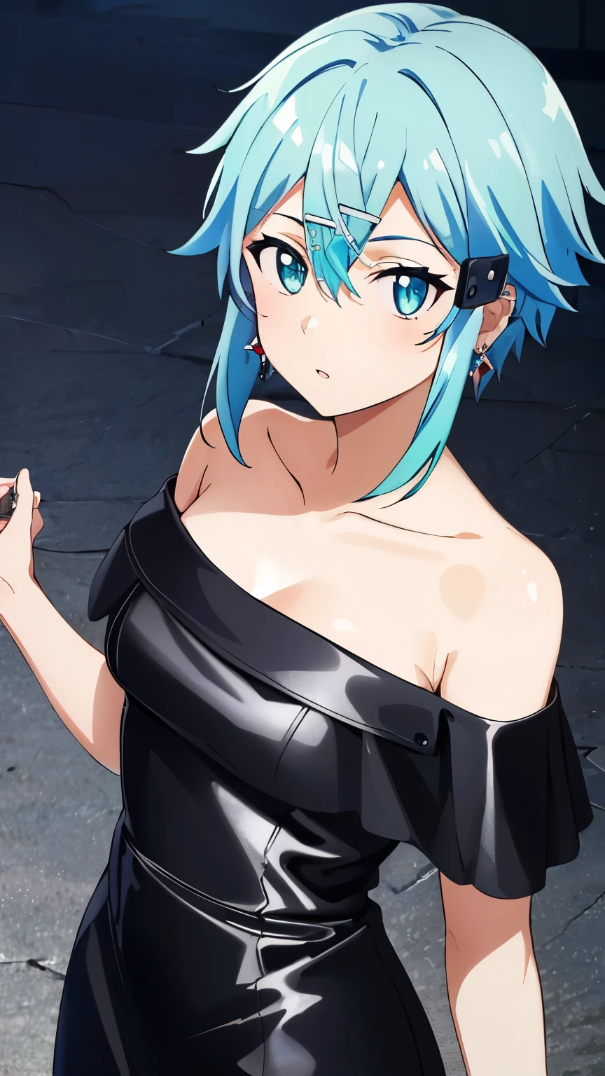 (Top Quality, Masterpiece, 8k:1.2), Ultra Detailed, High Resolution, Anime, 1 Girl, Solo, EPsoaSinon, Short Hair, Light Blue Hair, Detailed Jewel Eyes, Hair Between Eyes, (Hair Accessory:1.2), Hair Clip, Side Locks, (black leather dress, off-the-shoulder, earrings), dynamic Angle, Cowboy Shot,looking at viewer,