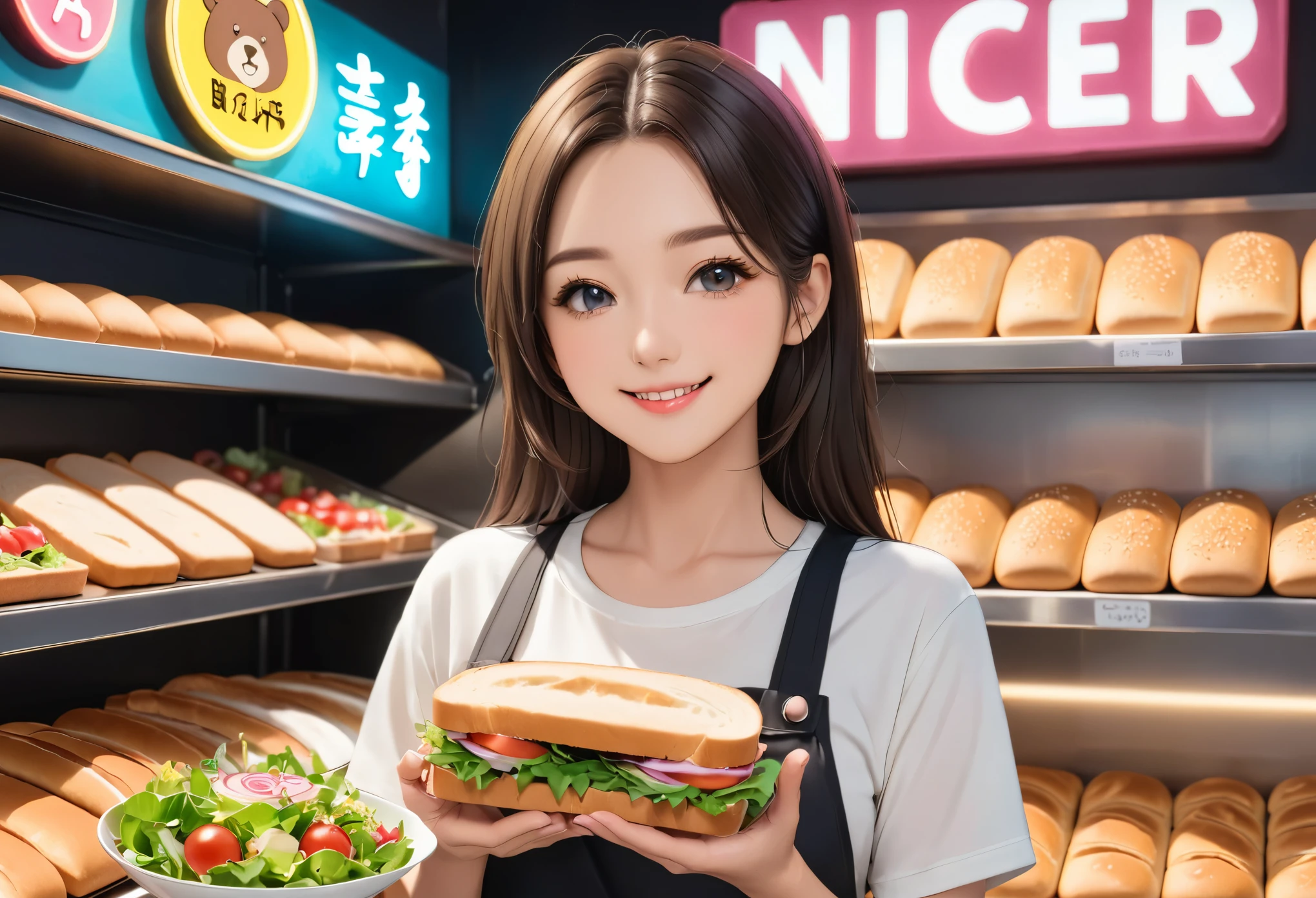 Bread店，A pretty girl，Female shop assistant，Happy smile，beautiful face，制作Sandwiches，_Give，A cute bear shop sign on the wall，小熊Bread，neon light，Bread，biscuit，Sandwiches，Salad，Bottled drinks，anime，Nice background，Depth of Field，CG unity，illustration，