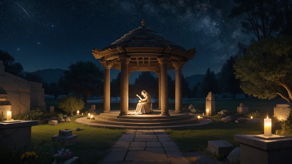 "A moonlit garden where flowers bloom under the starry sky, evoking a sense of peace and renewal. A figure kneels beside a tomb adorned with intricate carvings and ancient symbols. Soft candlelight illuminates the scene, casting gentle shadows on the stone. This visual represents the biblical narrative of Jesus' resurrection and his teachings on death as sleep, conveying the profound hope of awakening to eternal life."