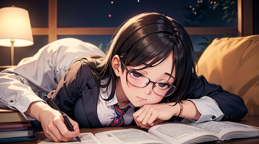 Falling asleep face down while studying at night、A cute girl wearing glasses that accentuate her breasts a little