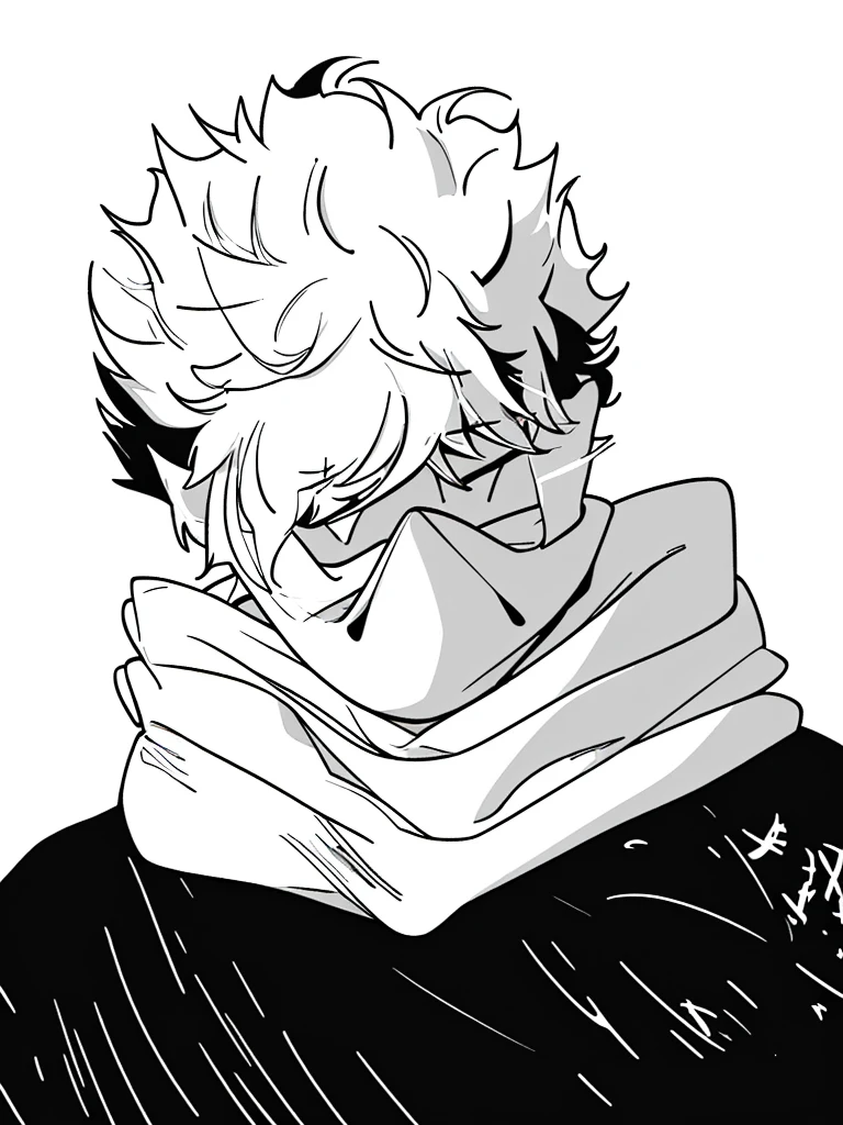white fluffy messy hair, boy, black and white, staring at viewer, messy clothing, male, scarf over mouth