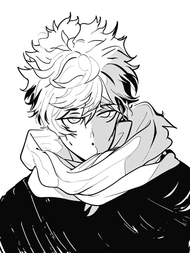 white fluffy messy hair, boy, black and white, staring at viewer, messy clothing, male, scarf over mouth