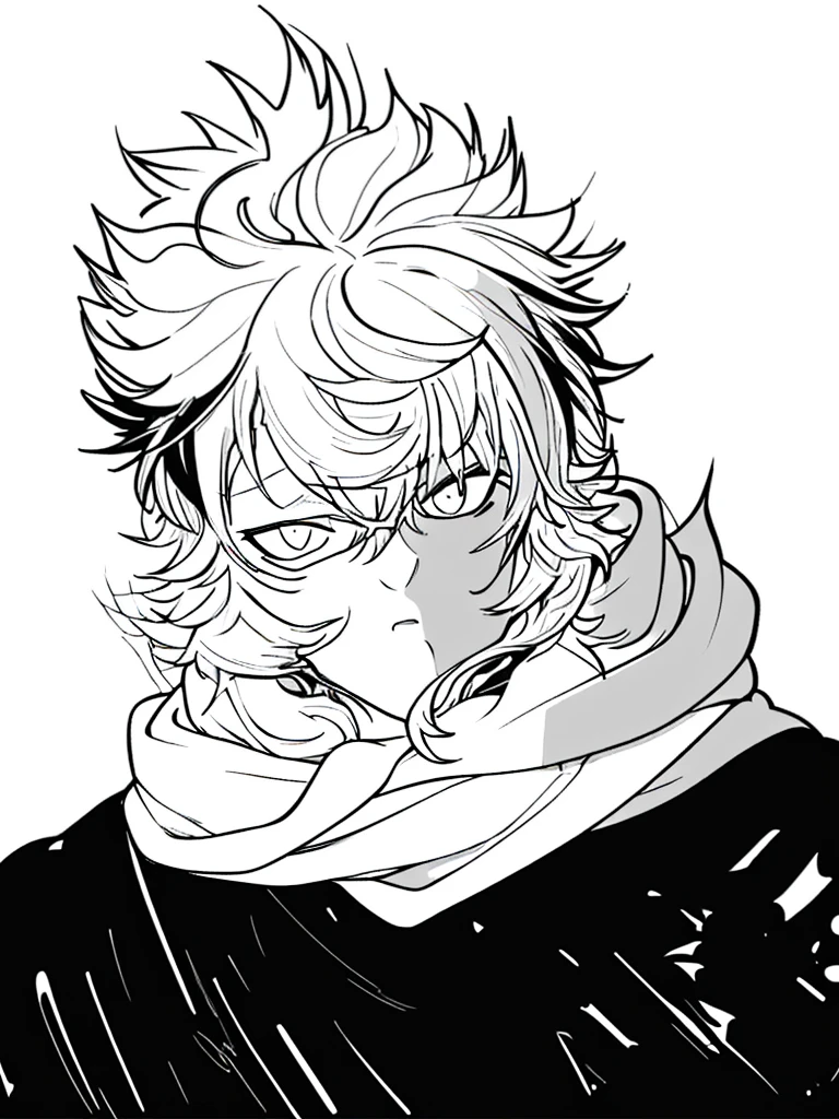 white fluffy messy hair, boy, black and white, staring at viewer, messy clothing, male, scarf over mouth
