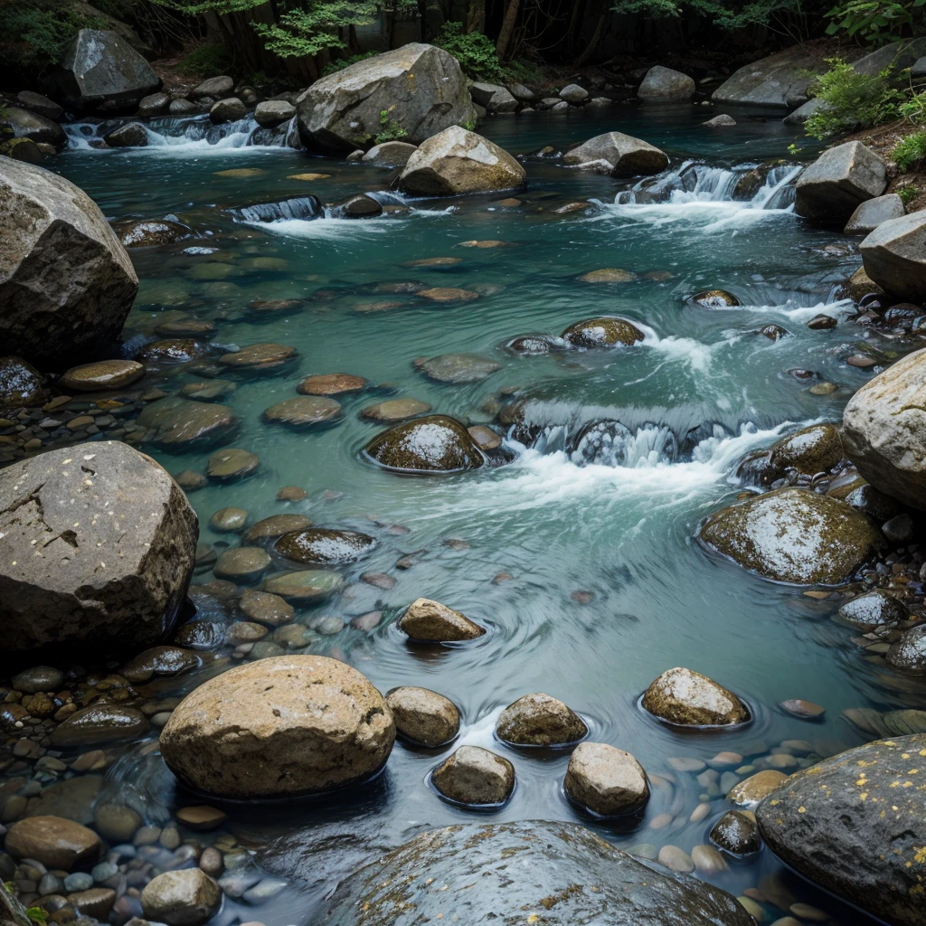 The pebbles have chip textures and hieroglyphics，Emit a faint light，crystal clear stream
