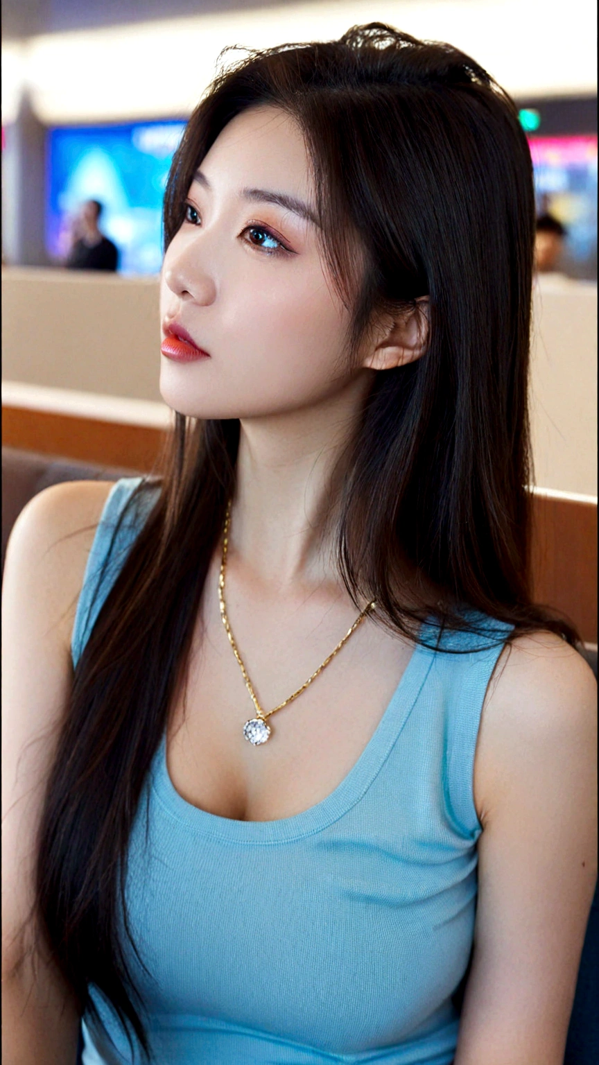 close-up of beautiful korean female, 34 inches breasts size, wearing black and gold tank top, necklace, rest one's chin on one hand, in computer table, uhd